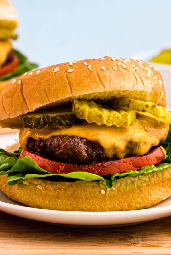 Juicy hamburger topped with cheese, lettuce, tomato and pickles, on a bun.