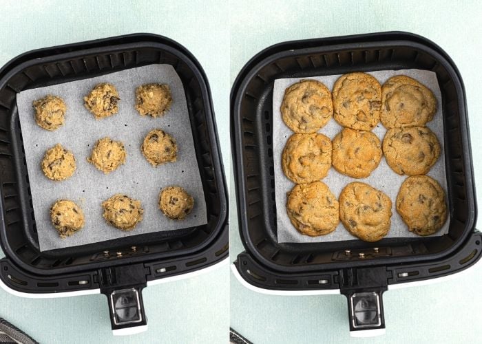 Chocolate chip cookie dough in an air fryer basket, side by side photos before and after cooking. 