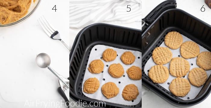 Collage of photos showing the cookie scoop, cookie dough with fork mash marks, and cooked cookies in the Air Fryer basket. 