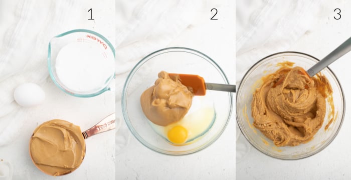 Collage photo of peanut butter, sugar, and egg being mixed in a bowl. 