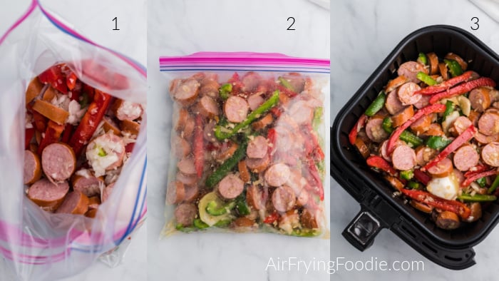 Collage of photos showing sausage and peppers in a plastic seaslable bag ready to toss with seasonings and sausage and peppers ready to cook in an air fryer basket.