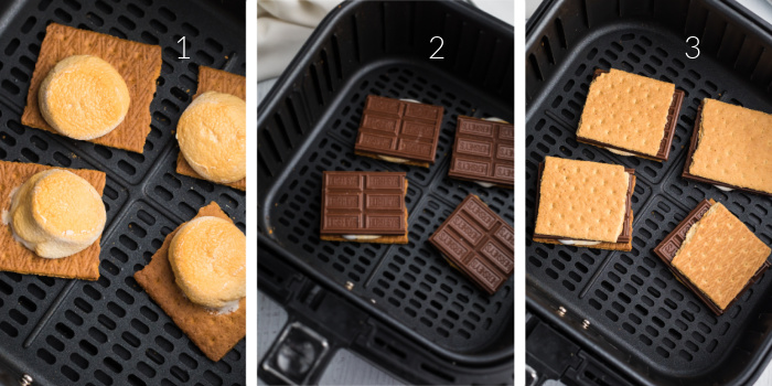 Collage of photos showing the steps to make s'more in the air fryer. Add marshmallows to the graham crackers, then cook. Then add chocolate, and top with an additional graham cracker. 