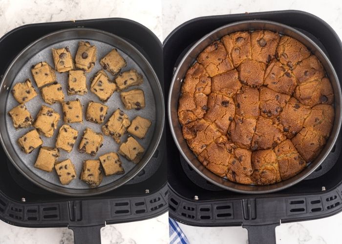 Side by side photos of cookie dough in a round springform pan, before and after cooking. 