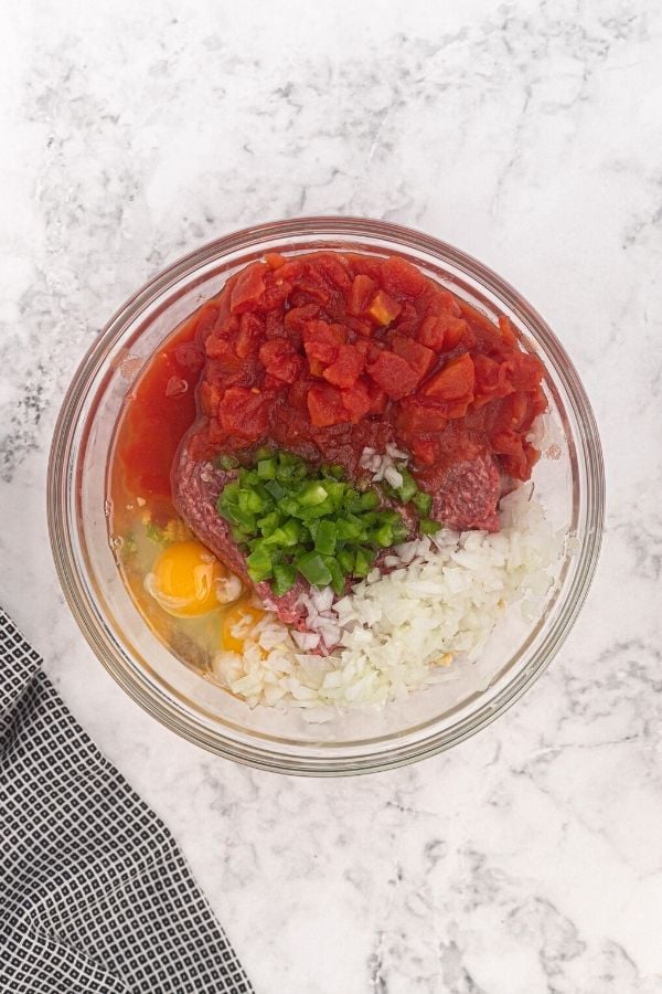 Meatloaf ingredients in a large mixing bowl.