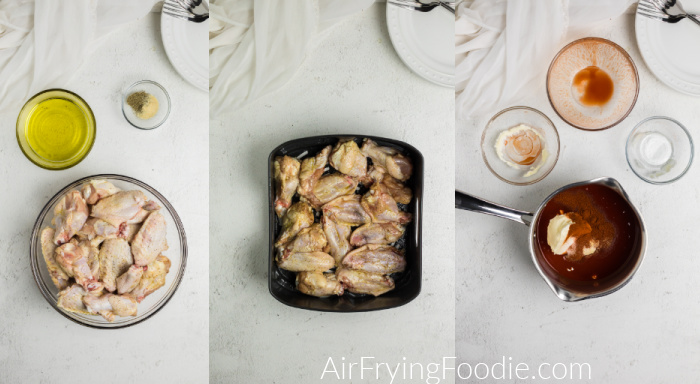 Collage of photos showing steps to season the wings, add wings to the basket, and prep the sauce for the wings once cooked. 