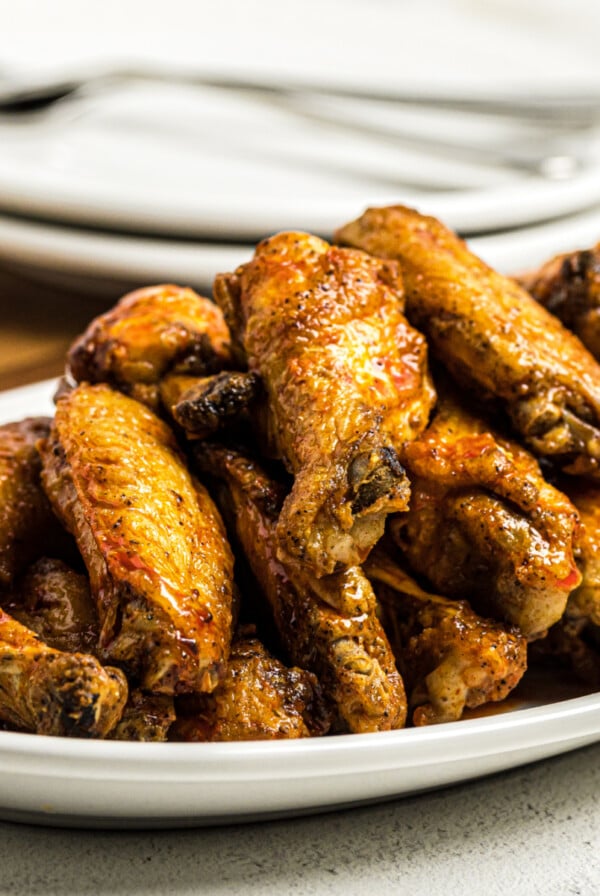 Air Fried Buffalo Chicken Wings on a white serving dish.