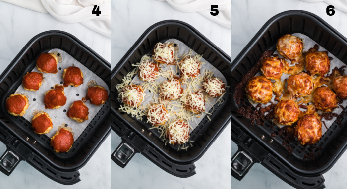 Chicken parmesan meatballs topped with marinara, topped with cheese, and fully cooked in the Air Fryer basket. 