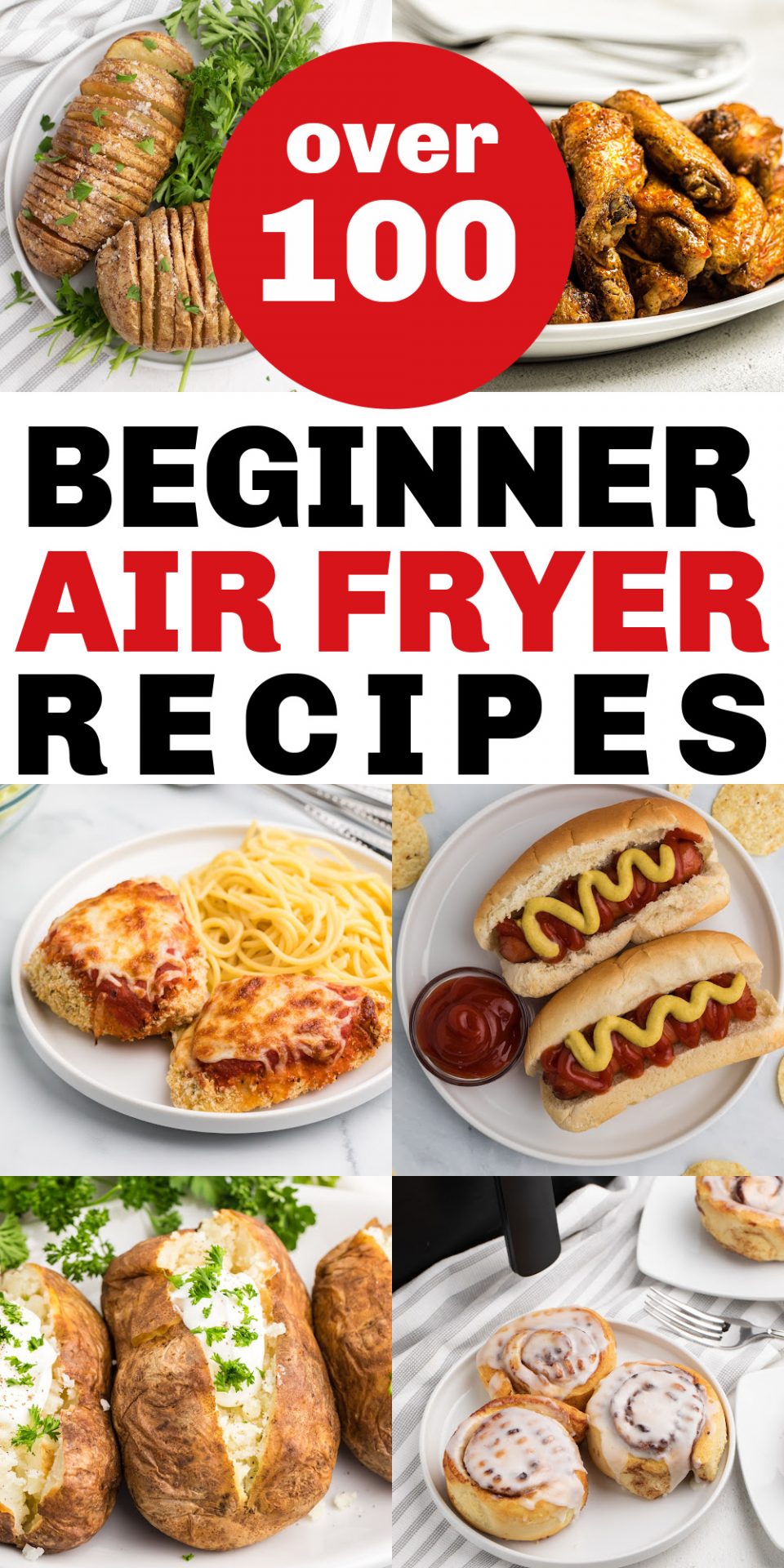 pinnable collage of photos for over 100 beginner air fryer recipes. 