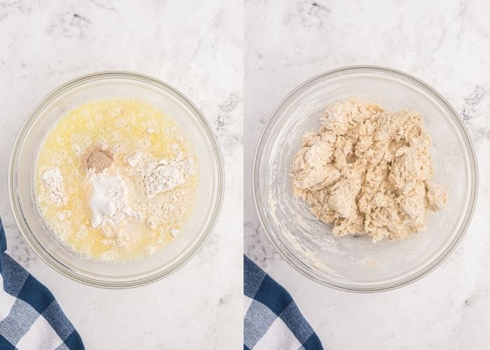 Side by side bowl photos showing the ingredients in a mixing bowl, and then after they have been combined to make the flaky dough. 