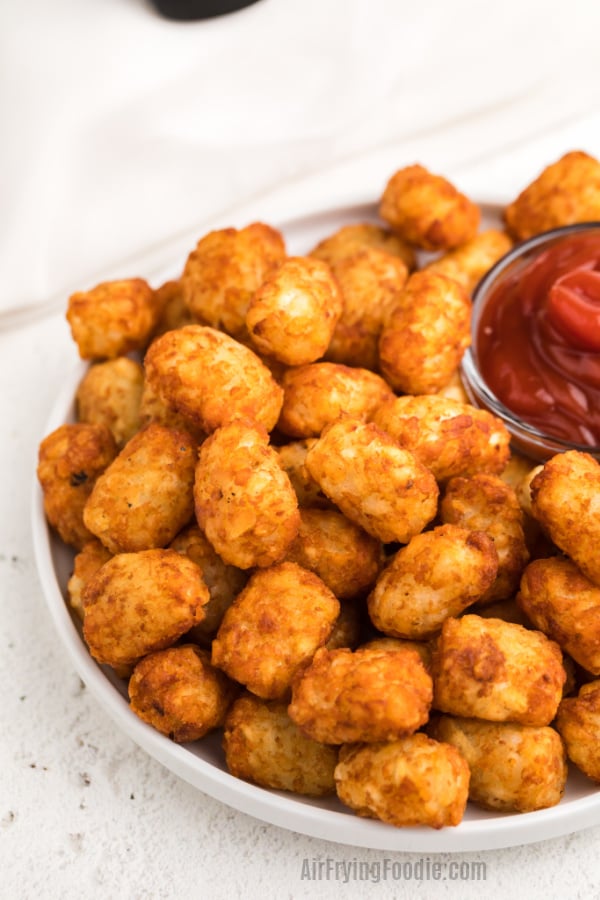 Air Fried Tater Tots on a white plate ready to eat. 
