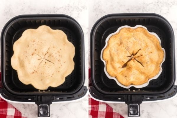 Side by side photos of apple pie in the air fryer basket before and after being cooked in the air fryer. 
