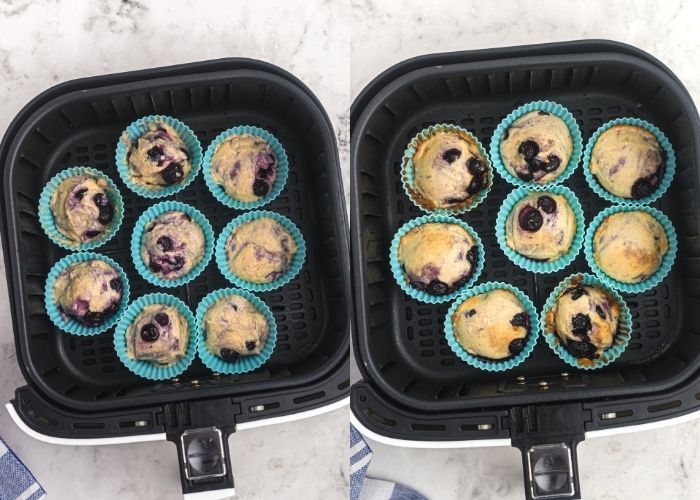 Side by side photos of batter in the air fryer basket showing before and after cooking