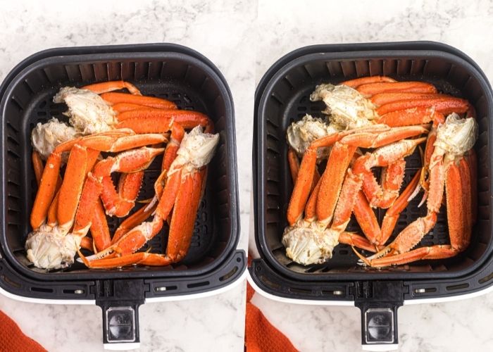 Crab legs in the air fryer basket, before and after being cooked. 