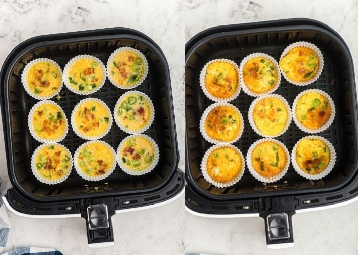 Egg mixture poured into white silicone baking cups. Before and after being cooked in the air fryer basket. 