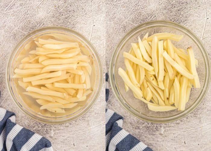 Side by side photos of french fries soaking in a bowl of water, and then after they have been drained and coated in olive oil.