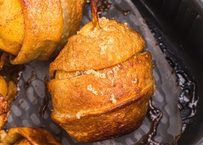 Golden crispy pastry wrapped pear, cooked in the air fryer basket. 
