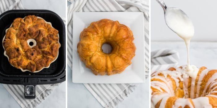 Collage of photos showing the steps of how to make monkey bread. 