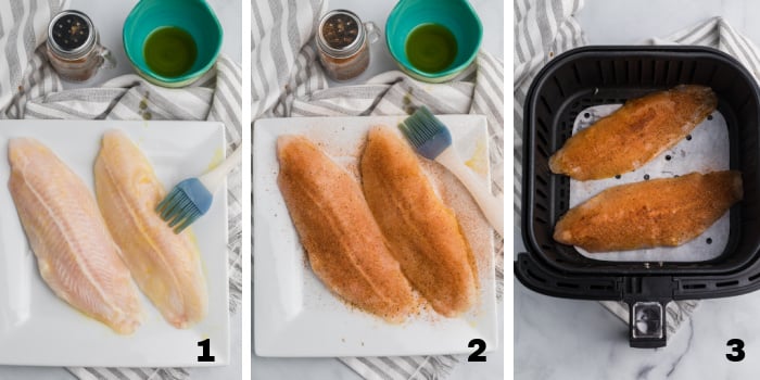 Steps by step photos for cooking Swai fish in the Air Fryer. Swai being brushed with olive oil, Swai fish covered in blackened seasoning, and Swai fish in the Air Fryer basket. 
