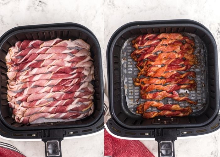 Side by side photos showing the twisted bacon raw and after it was cooked in an air fryer basket. 
