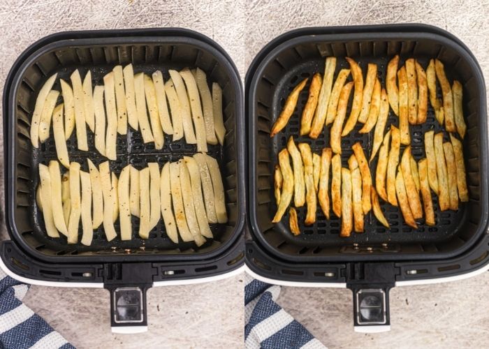 Side by side photos of french fries in an air fryer basket, showing them before and after they cook.