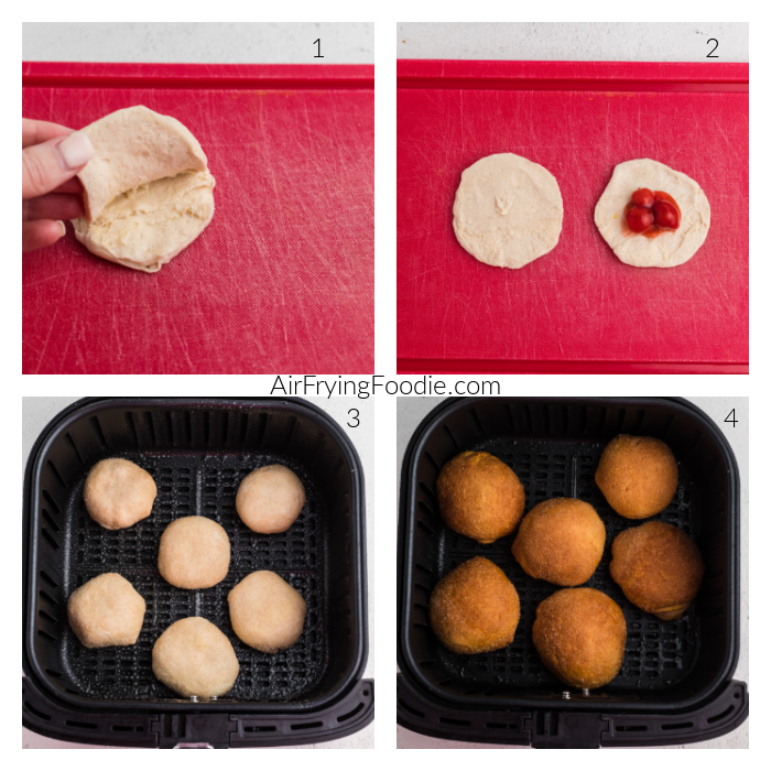 Steps to make Cherry Pie Bombs in the Air Fryer: 1. Separate the biscuit dough into halves. Scoop 1 Tbsp of cherry pie filling in the center of one half, top with second half, and then wrap into a ball. 3. Place cherry pie bombs into the basket of the Air Fryer. 4. Cook cherry pie bombs in Air Fryer before dipping in cinamon and sugar and serving. 