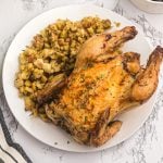 Golden cornish game hen served on a white plate with stuffing as a side.