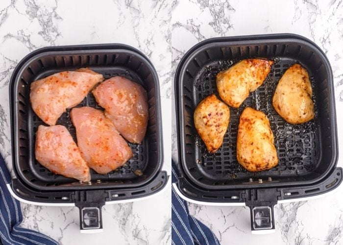 Side by side photos of the chicken in the air fryer basket, before and after being cooked with the marinade and glaze applied. 