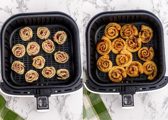 Side  by side photos of pesto pinwheels in the air fryer basket, showing before and after cooking. 