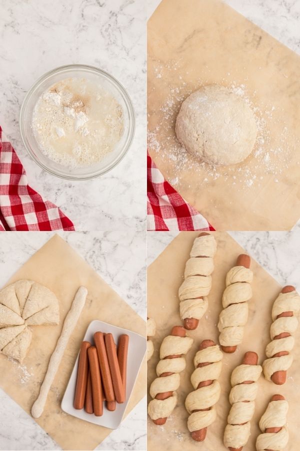 Step by step process of baking dough and wrapping hot dogs. 
