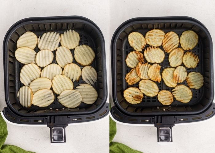 Side by side photos of potato chips before and after being cooked in the air fryer basket. 