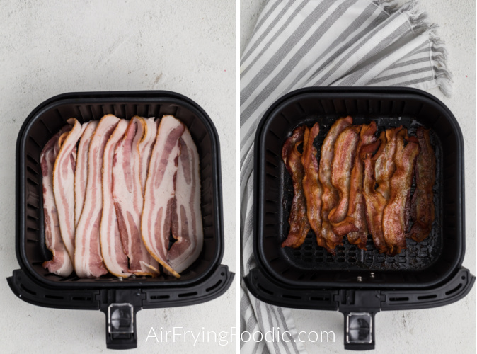 Uncooked bacon and fully cooked bacon in the basket of the air fryer. 