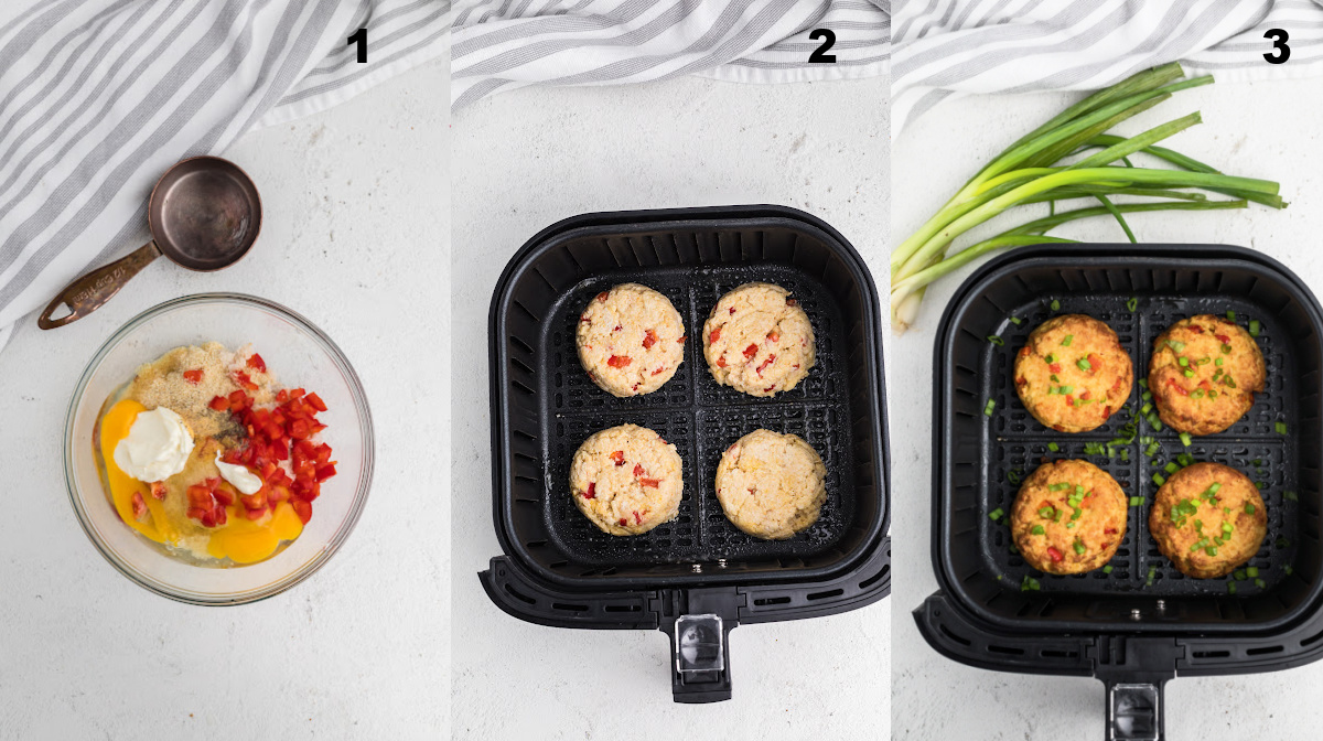 Steps to create crab cakes in the air fryer with a collage of photos showing ingredients in a abowl, raw uncooked salmon patties in the basket of the air fryer, and fully cooked crab cakes in the basket. 