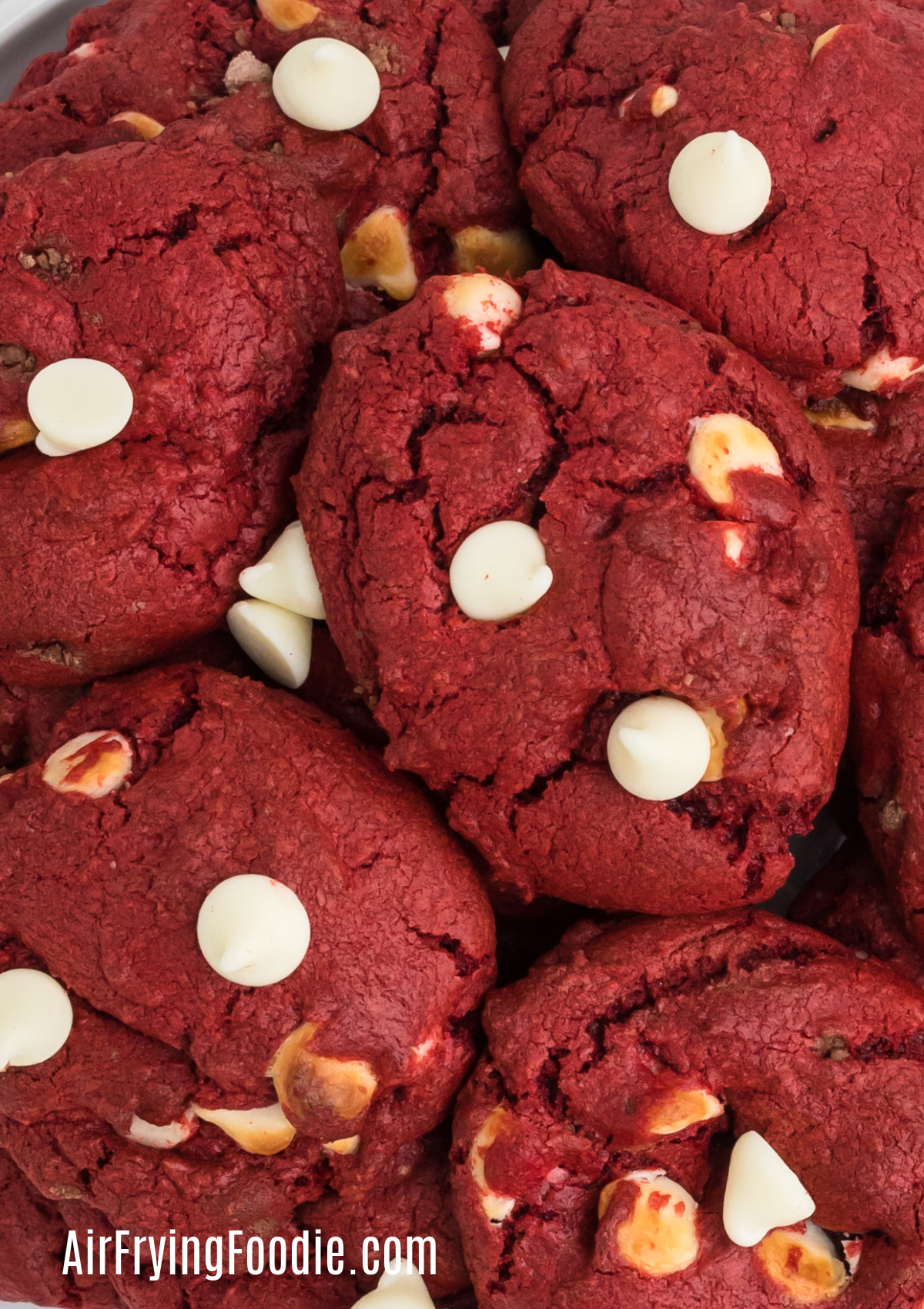 Close up photo of red velvet cake mix cookies that were made in the air fryer. 