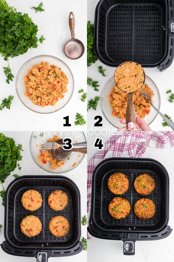 Process shots of steps to make salmon cakes in the air fryer. 