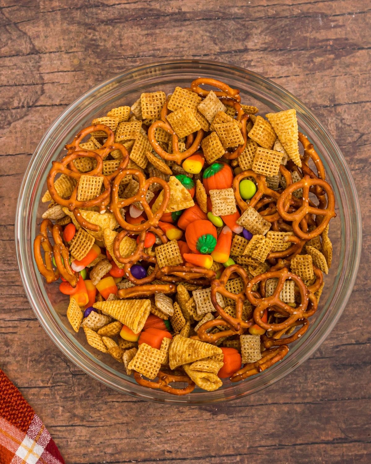 Spooky Air Fryer Halloween Chex Mix 7 Chex Mix after being cooked, and then Halloween candies added and stirred in.