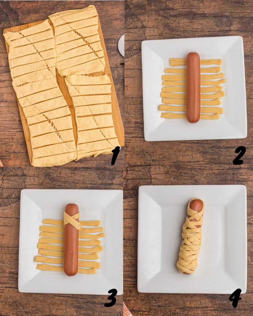 Step by step photos showing how to cut crescent rolls into strips and then wrapping the dog to look like mummies. 