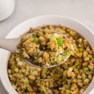 Spoon full of stuffing over the entire dish after being made in the air fryer.