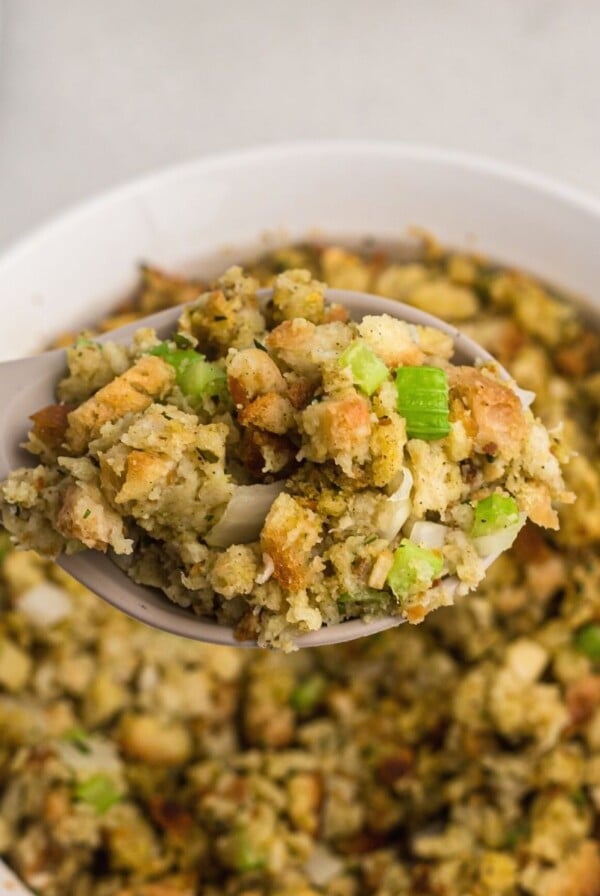 Spoon full of stuffing over the entire dish after being made in the air fryer.