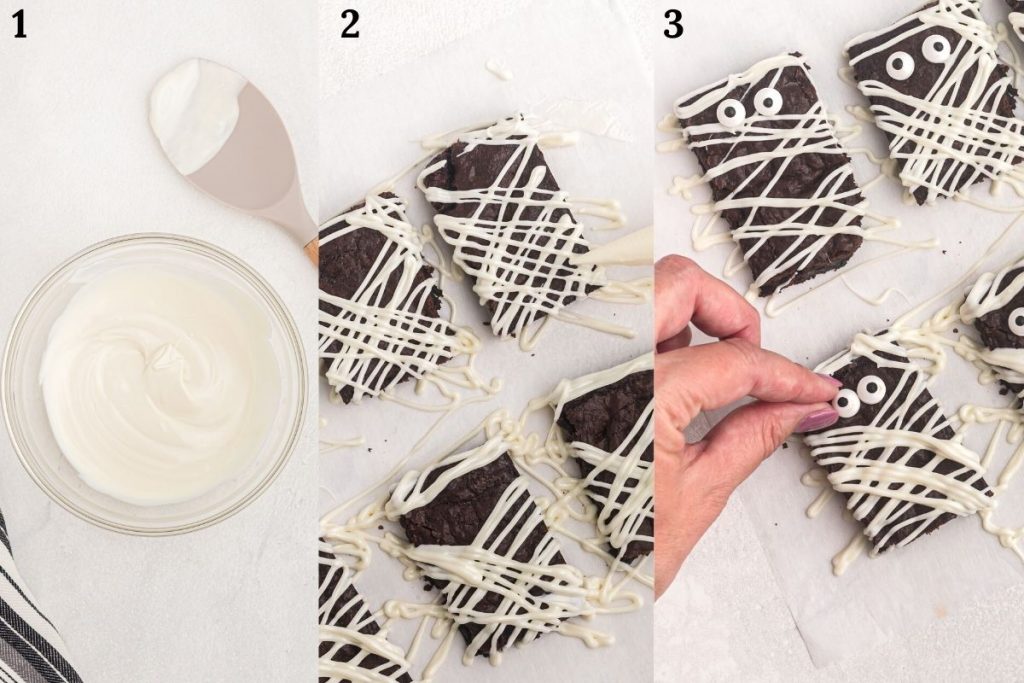 Side by side step photos showing melting chocolate, drizzling in crisscross  pattern, then topping with candy eyeballs. 