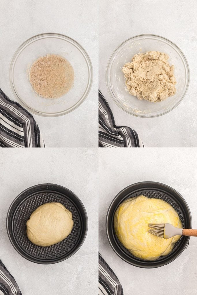 Four photos showing steps of yeast, dough, and egg wash. 