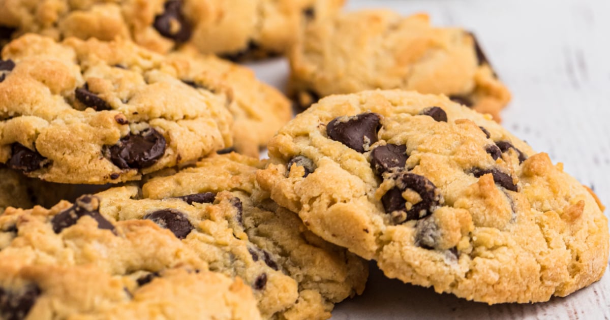 A pile of air-fried chocolate chip cookies.
