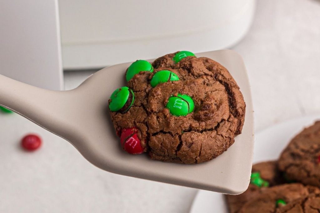 Cookie on a spatula in front of the air fryer