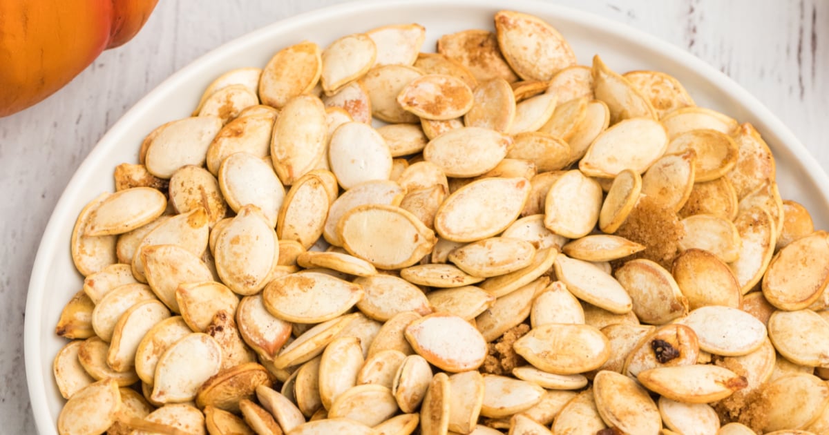 Roasted Air Fryer Pumpkin Seeds made with cinnamon and brown sugar.
