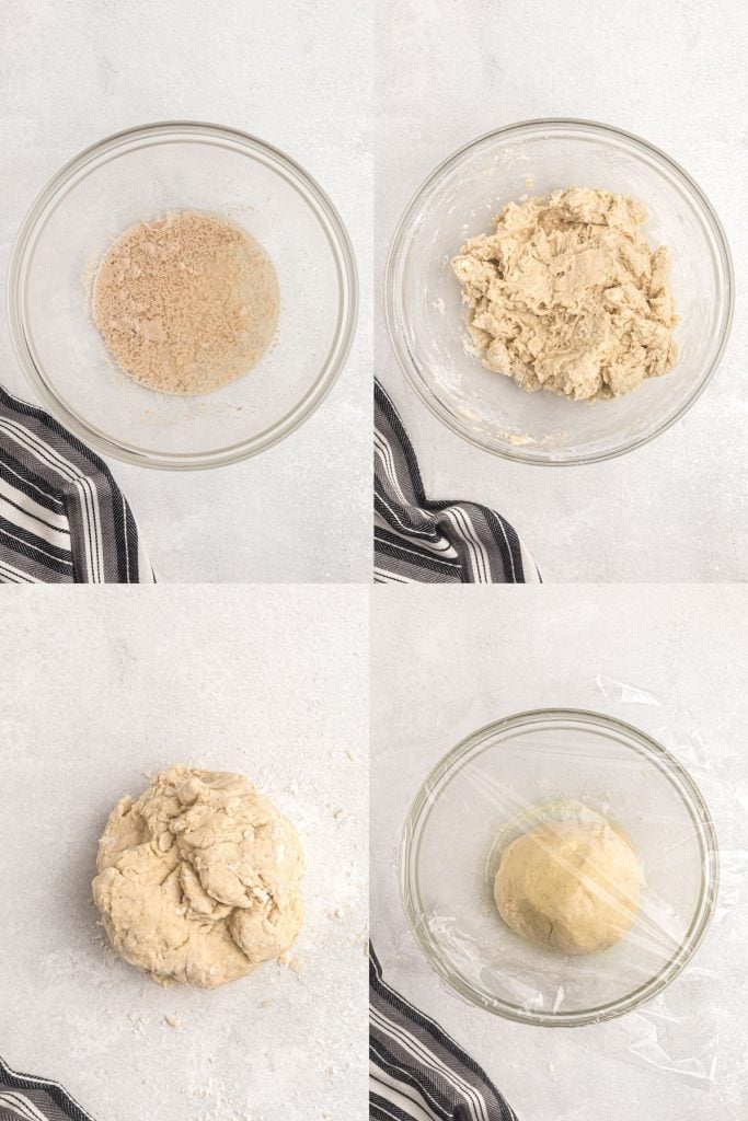 Step by step photos of yeast and warm water, kneading dough, and letting dough rise. 
