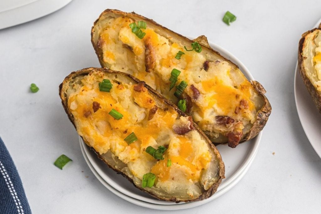 Close up of twice baked filled potatoes