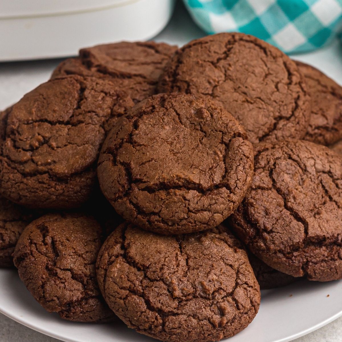 Gooey chocolate cookies on a white plate in front of an air fryer.