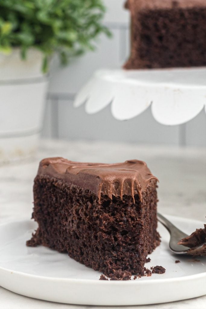 Close up photo of  air fryer cake with bite out of cake