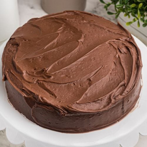 Chocolate round cake, frosted with chocolate frosting on a white cake stand