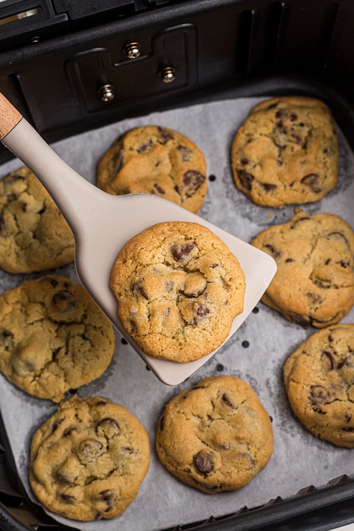 Golden brown chocolate chip cookie being served on a white spatula over the air fryer basket. 