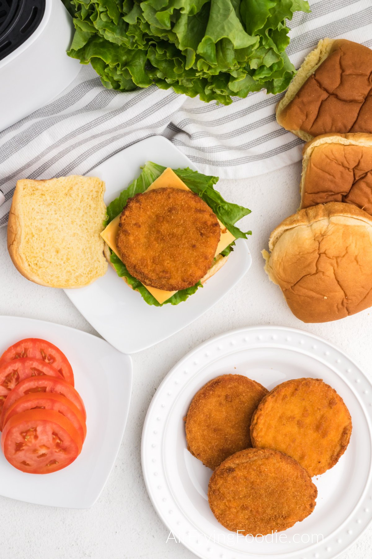 Cooked frozen chicken patties ready to serve.